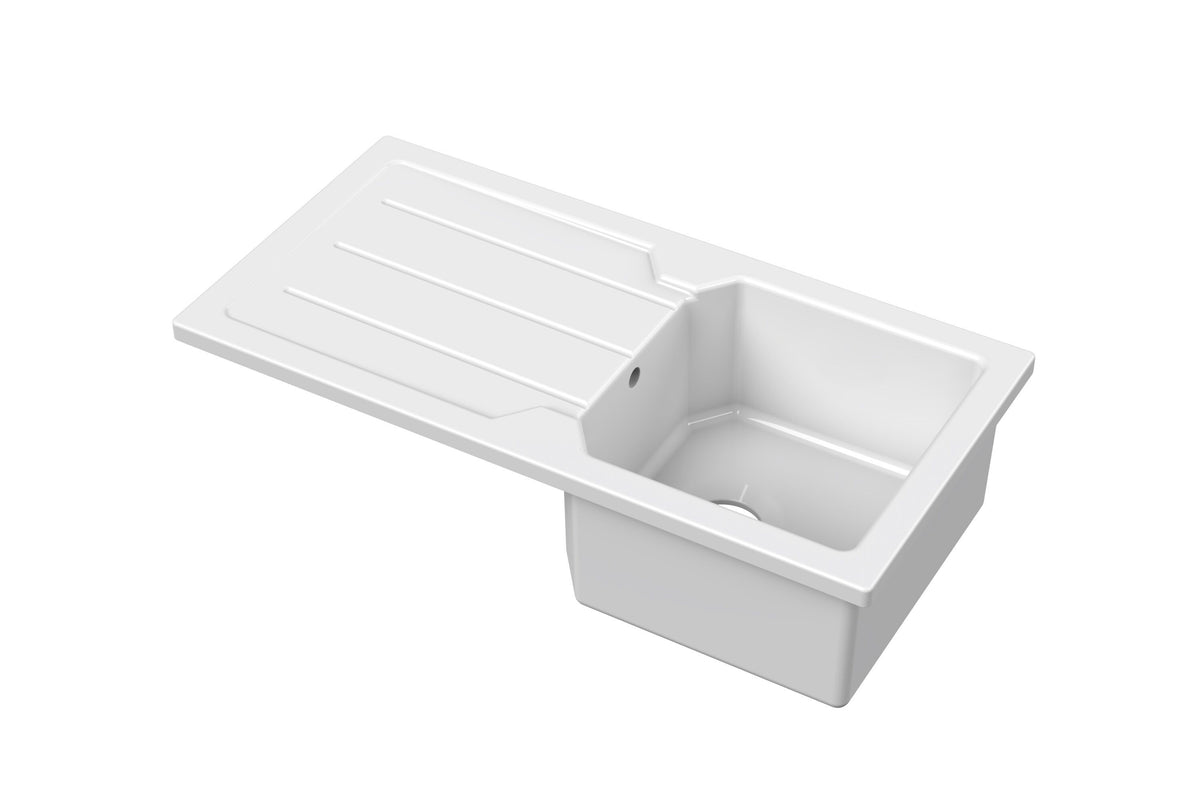 Nuie 865 x 435mm Fireclay Single Bowl Compact Countertop Drainer Sink – White, photo 2