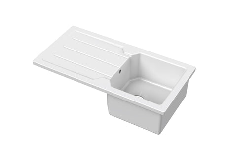 Nuie 865 x 435mm Fireclay Single Bowl Compact Countertop Drainer Sink – White, photo 2