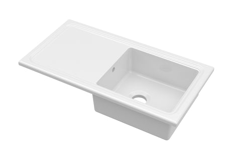 Nuie 1010 x 525mm Fireclay Single Bowl Rectangular Countertop Drainer Sink – White, photo 2