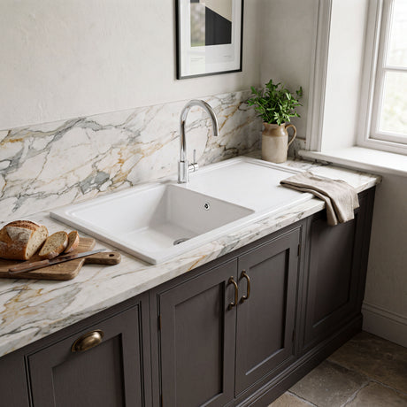 Nuie 1010 x 525mm Fireclay Single Bowl Rectangular Countertop Drainer Sink – White