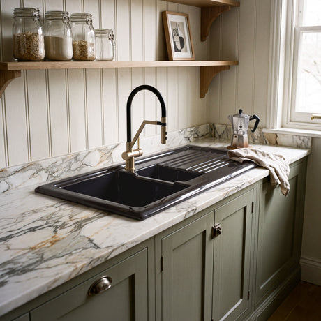 Nuie 1010 x 525mm Fireclay 1.5 Bowl Rectangular Countertop Drainer Sink – Soft Black