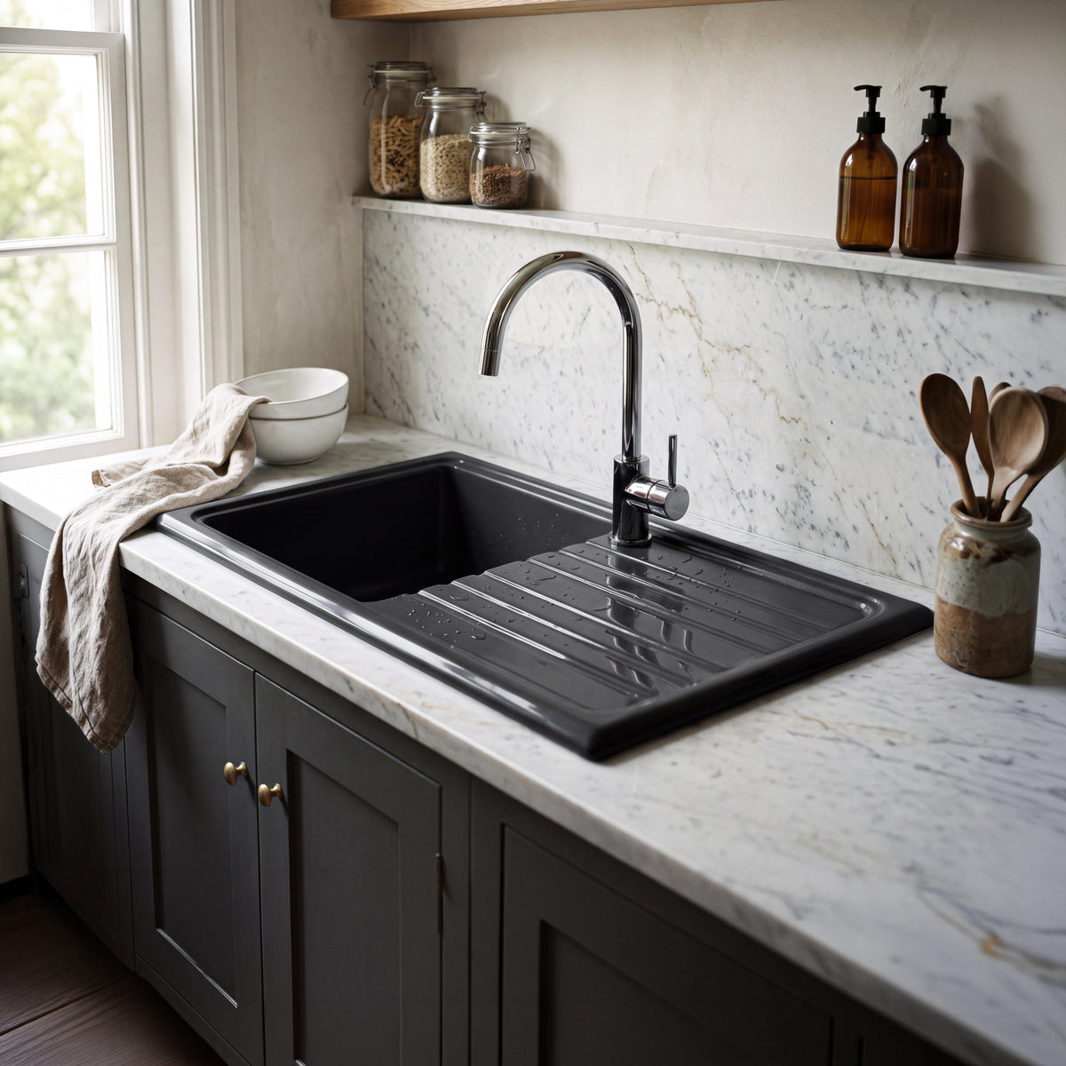 Nuie 1010 x 525mm Fireclay Single Bowl Rectangular Countertop Drainer Sink – Soft Black