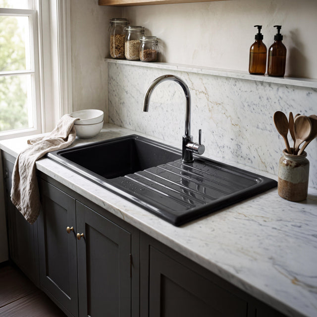 Nuie 1010 x 525mm Fireclay Single Bowl Rectangular Countertop Drainer Sink – Soft Black