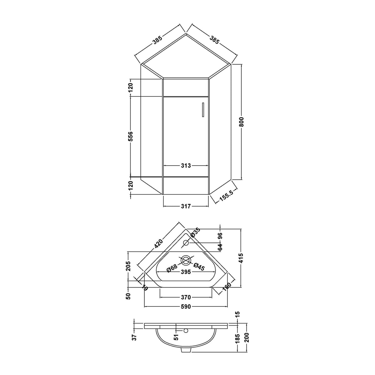 Nuie Mayford 555mm 1 Door Floor Standing Corner Vanity Unit With Basin – Gloss White, photo 3