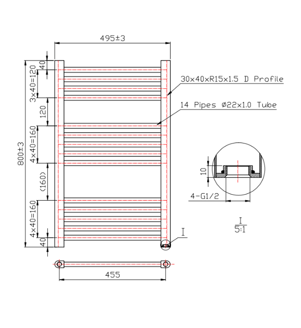Kartell K-VIT K-Rail 22mm Curved Chrome Towel Rail 500 x 800mm (CTR508C)