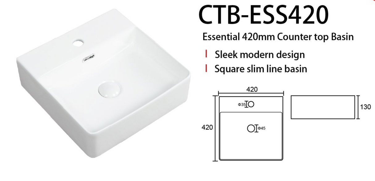 Kartell K-VIT Essential 420mm Counter Top Basin- White Gloss (CTB-ESS420)