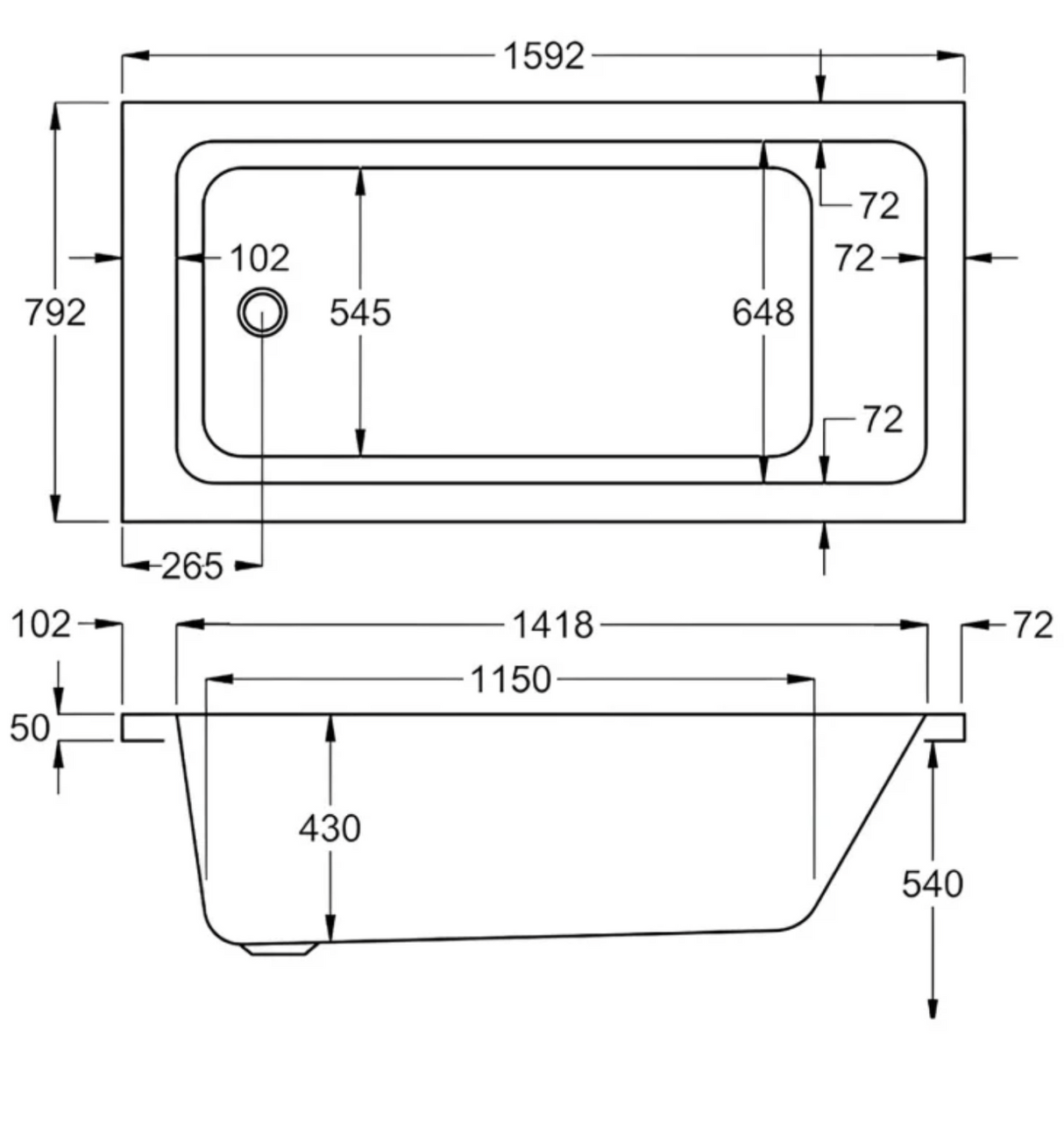 Carron Quantum 1600x800mm Single Ended Bath Carronite - White Gloss (02146)