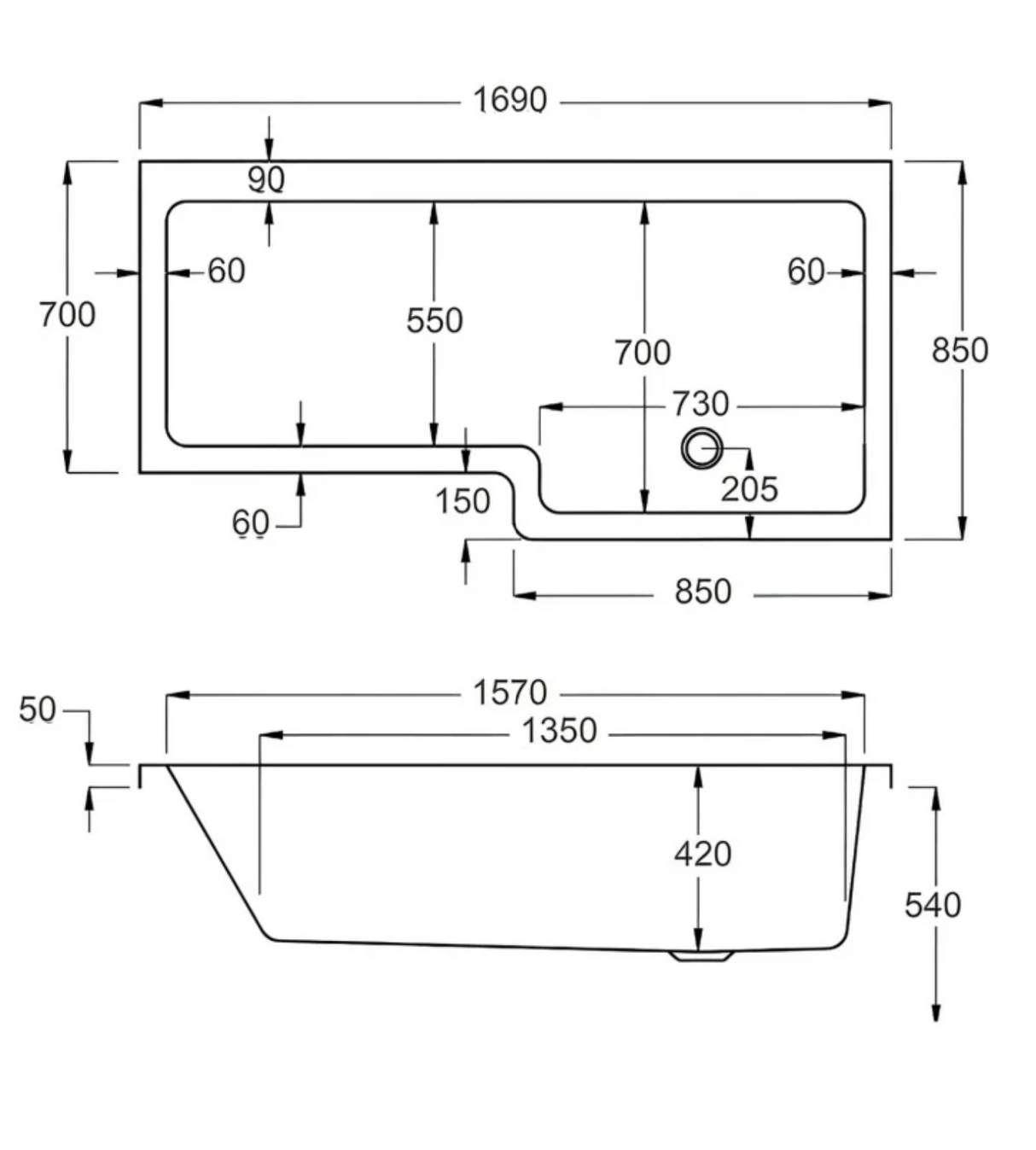 Carron Quantum L Shaped Shower Bath 1700x700(850)mm Right Hand - White Gloss (02207)
