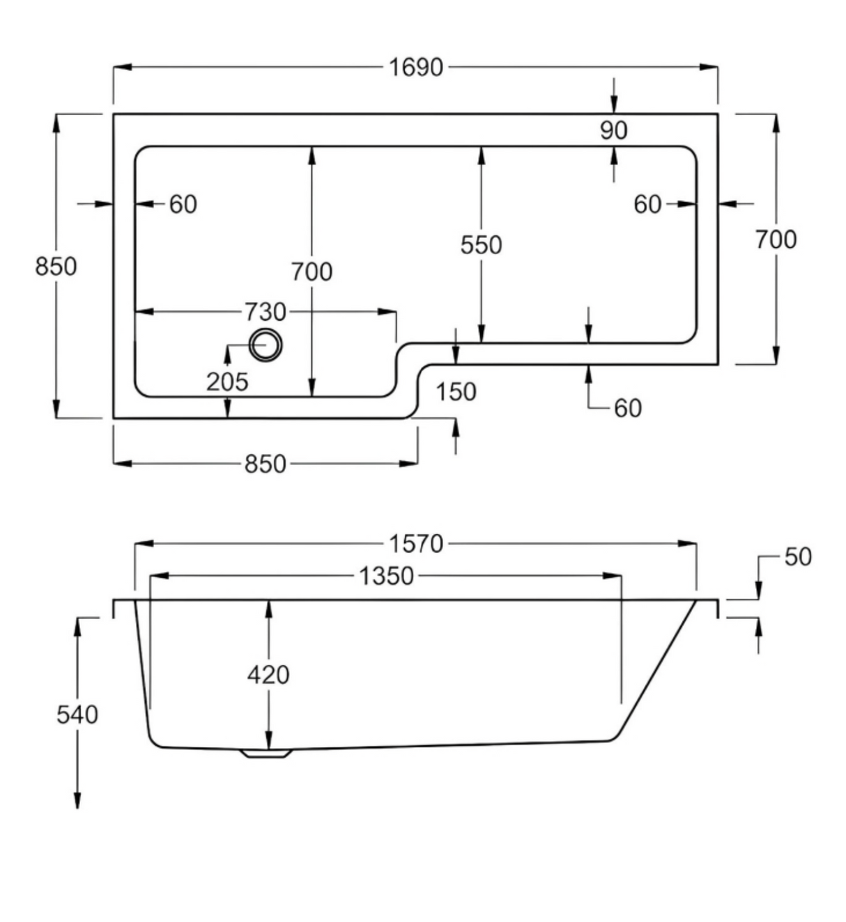 Carron Quantum L Shaped Shower Bath 1700x700(850)mm Left Hand - White Gloss (02205)