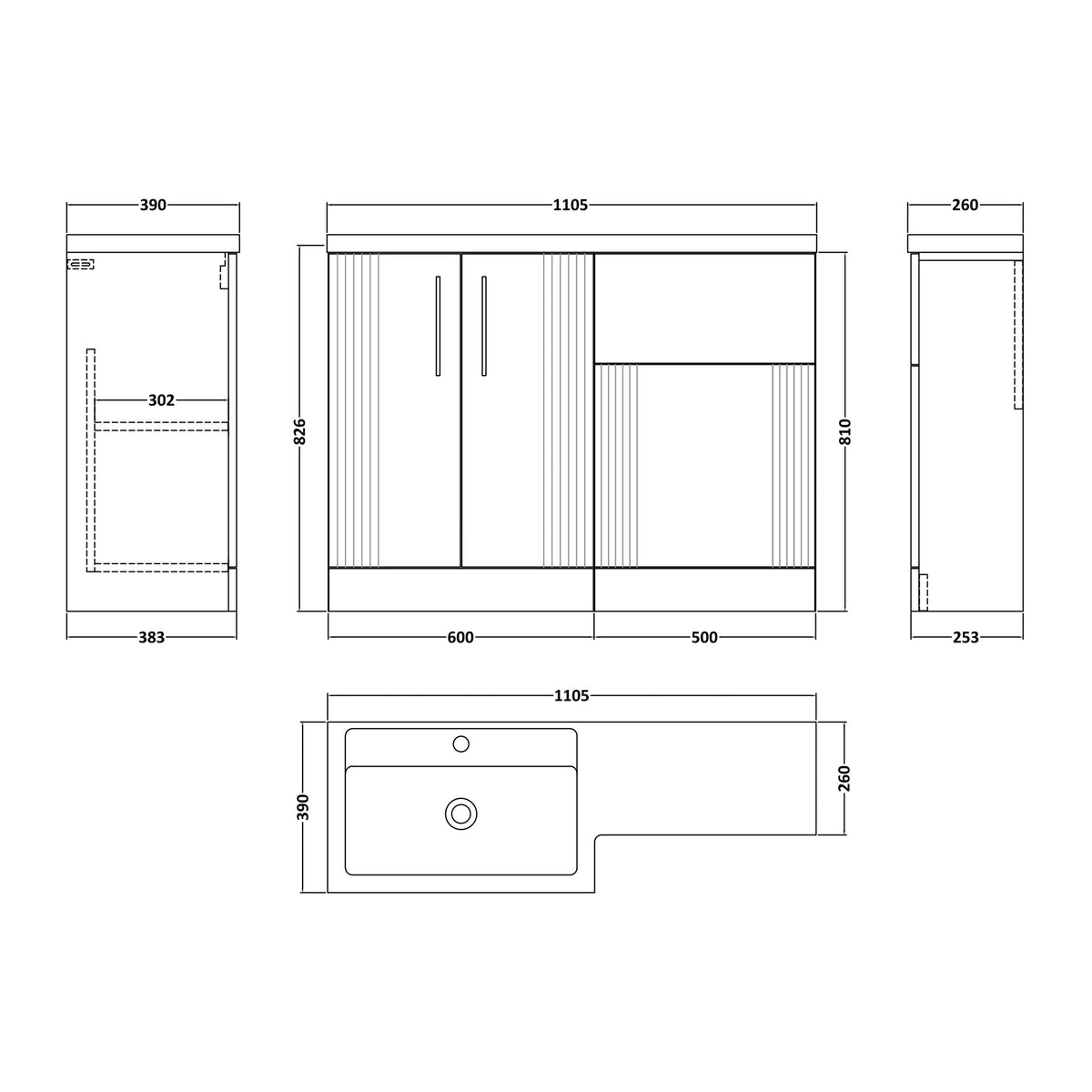 Nuie Deco 1100mm Floor Standing Combination Vanity & WC Unit With L-Shaped Basin, photo 11