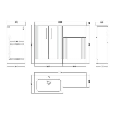 Nuie Deco 1100mm 2 Door Floor Standing Combination Vanity & WC Unit With L-Shaped Basin, photo 13