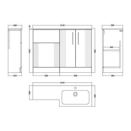 Nuie Deco 1100mm 2 Door Floor Standing Combination Vanity & WC Unit With L-Shaped Basin, photo 14