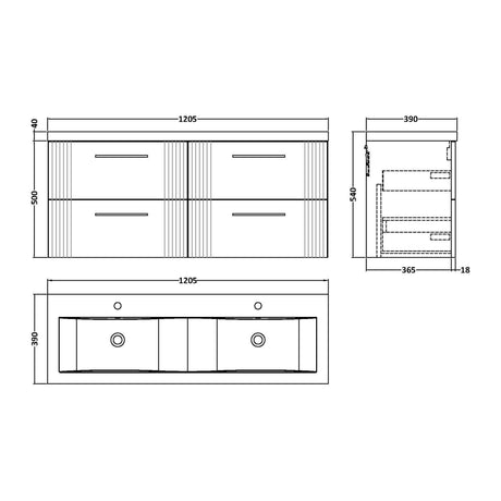 Nuie Deco 1200mm 4 Drawer Wall Hung Twin Vanity Unit With Basin, photo 8