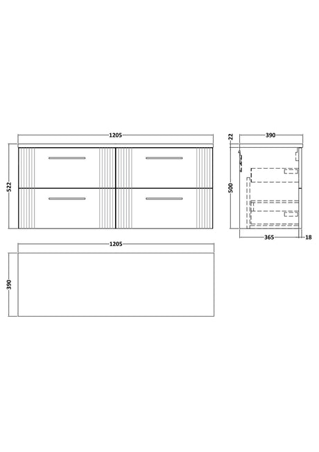 Nuie Deco 1200mm 4 Drawer Wall Hung Vanity Unit With Worktop, photo 9