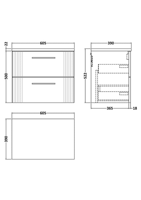 Nuie Deco 2 Drawer Wall Hung Vanity Unit With Worktop – 600mm, 800mm & 1200mm, photo 9