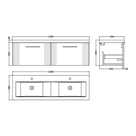 Nuie Deco 1200mm 2 Drawer Wall Hung Twin Vanity Unit With Basin, photo 8