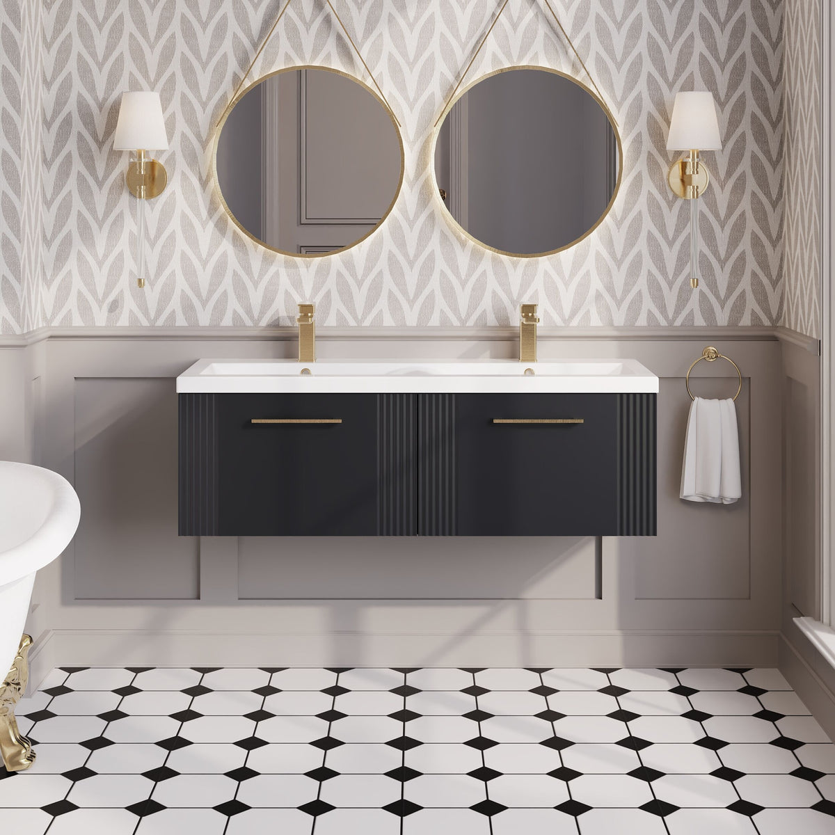 Nuie Deco 1200mm 2 Drawer Wall Hung Twin Vanity Unit With Basin