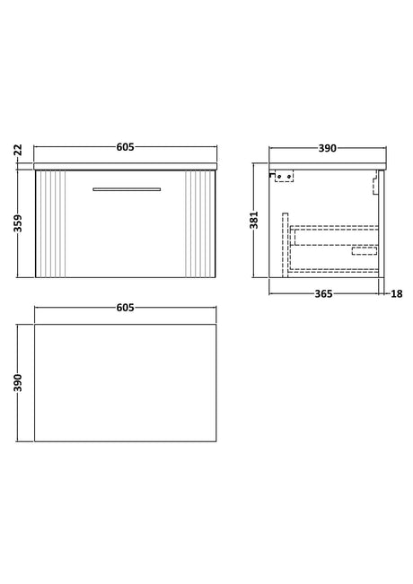 Nuie Deco 1 Drawer Wall Hung Vanity Unit With Worktop – 600mm & 800mm, photo 9