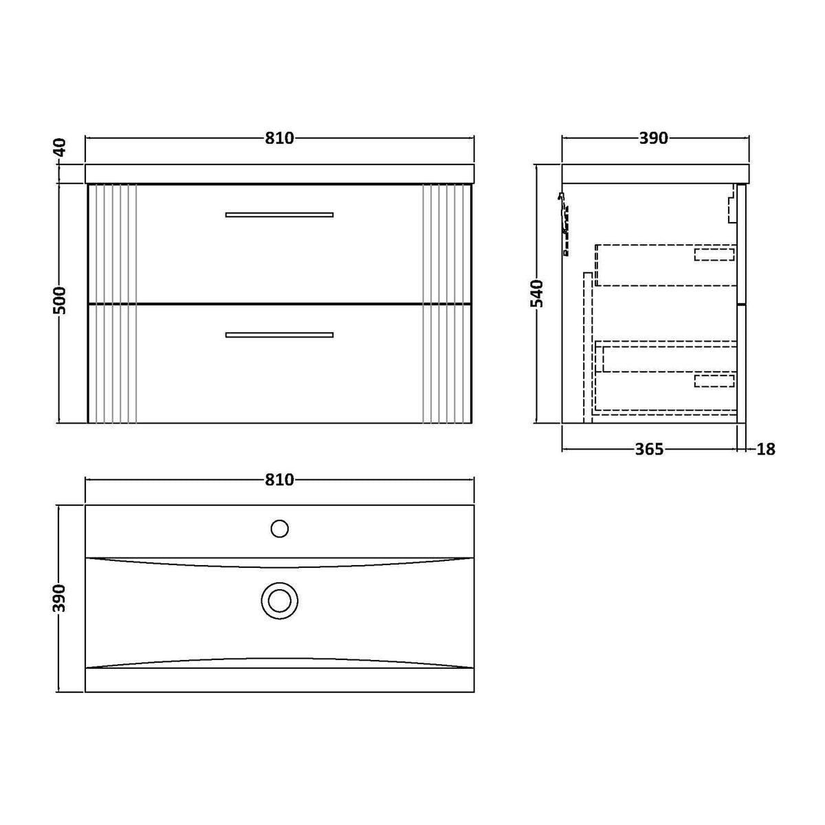 Nuie Deco 2 Drawer Wall Hung Vanity Unit With Basin – 500mm, 600mm & 800mm, photo 12