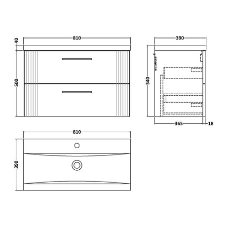 Nuie Deco 2 Drawer Wall Hung Vanity Unit With Basin – 500mm, 600mm & 800mm, photo 12