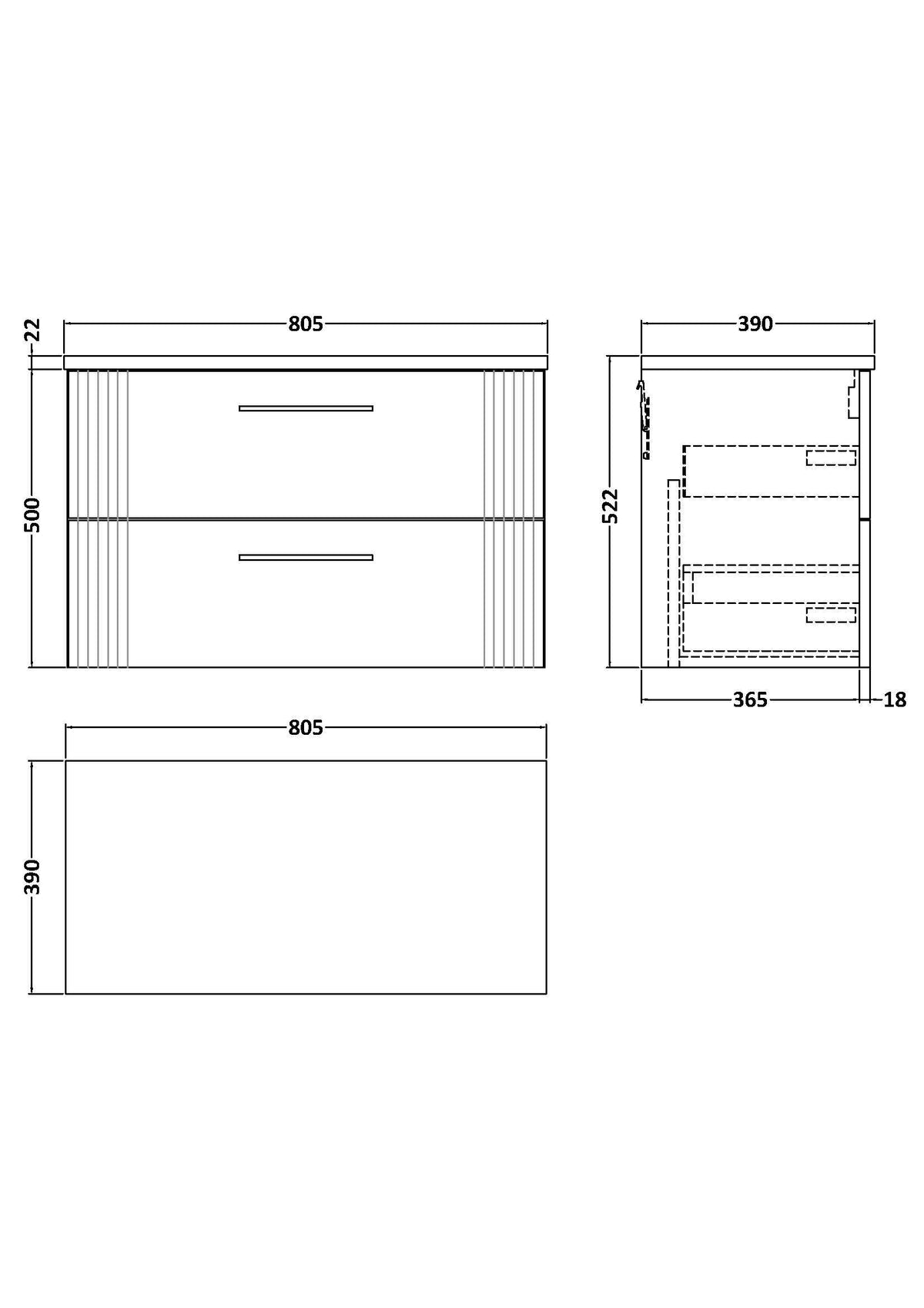 Nuie Deco 2 Drawer Wall Hung Vanity Unit With Worktop – 600mm, 800mm & 1200mm, photo 10