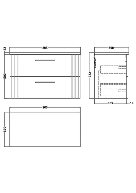 Nuie Deco 2 Drawer Wall Hung Vanity Unit With Worktop – 600mm, 800mm & 1200mm, photo 10