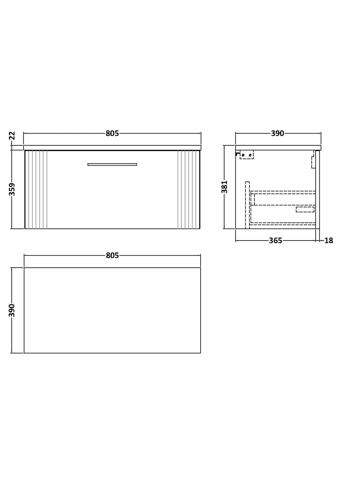 Nuie Deco 1 Drawer Wall Hung Vanity Unit With Worktop – 600mm & 800mm, photo 10