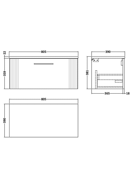 Nuie Deco 1 Drawer Wall Hung Vanity Unit With Worktop – 600mm & 800mm, photo 10