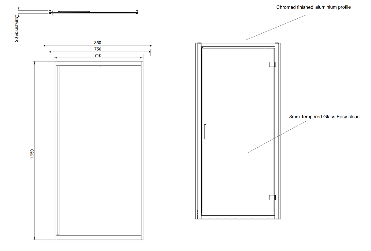 Kartell K-VIT KV8 900mm Hinged Shower Door 8mm (EIGHT900HD)