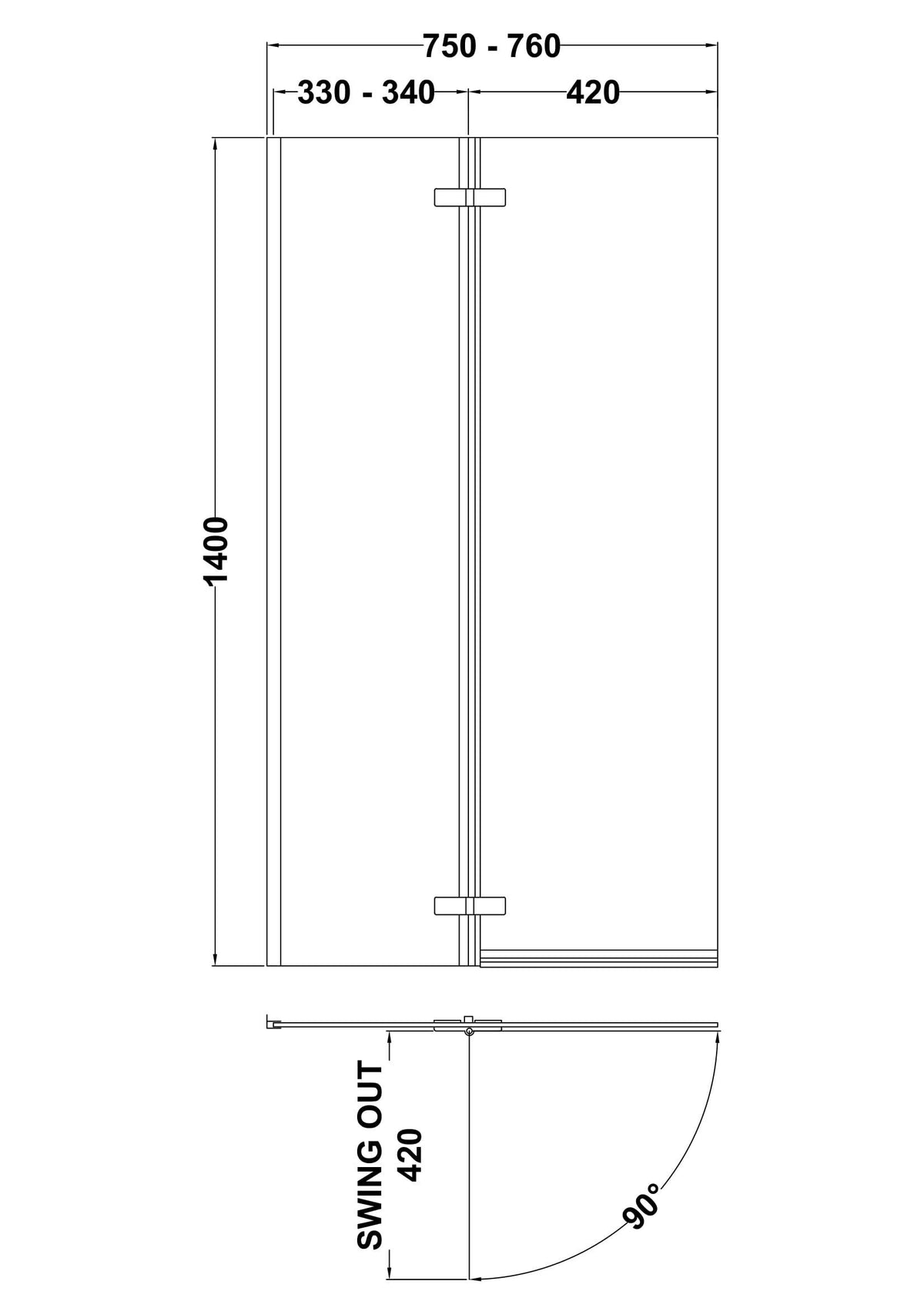 Nuie L-Shaped Hinged Bath Screen – 760mm & 800mm, photo 3