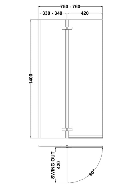 Nuie L-Shaped Hinged Bath Screen – 760mm & 800mm, photo 3