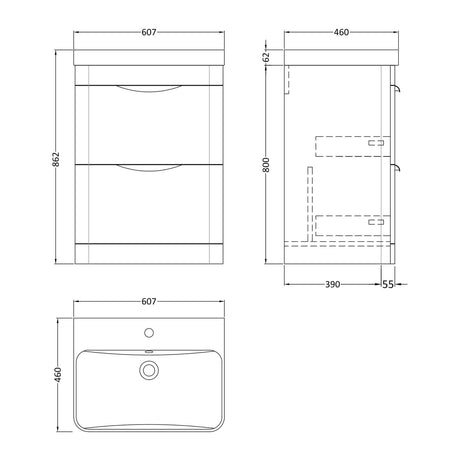 Nuie Parade 2 Drawer Floor Standing Vanity Unit With Basin – 600mm & 800mm, photo 9