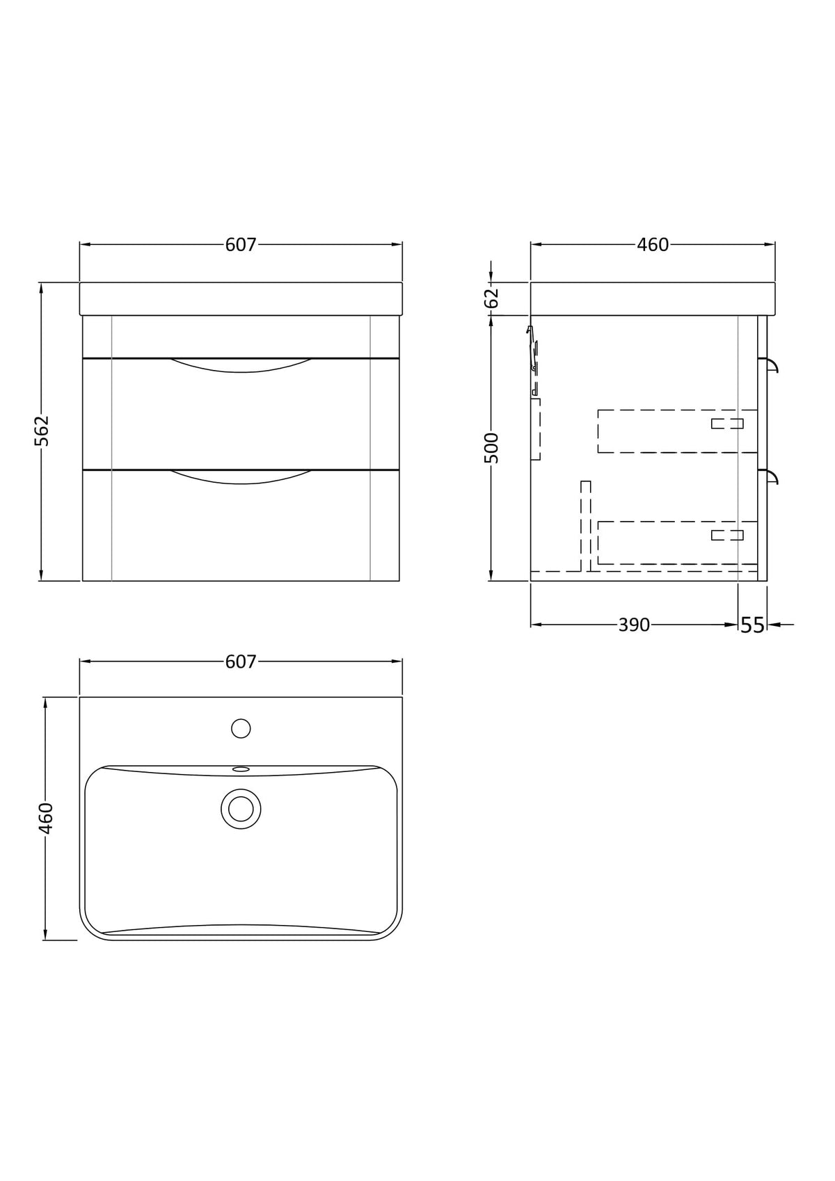 Nuie Parade 2 Drawer Wall Hung Vanity Unit With Basin – 600mm & 800mm, photo 9