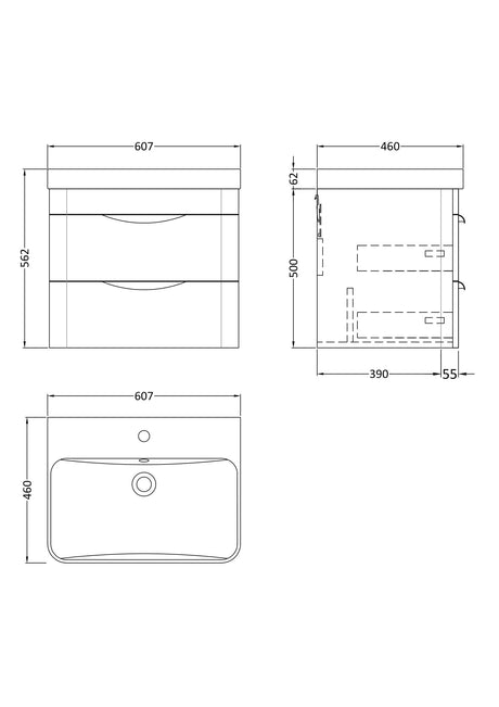 Nuie Parade 2 Drawer Wall Hung Vanity Unit With Basin – 600mm & 800mm, photo 9