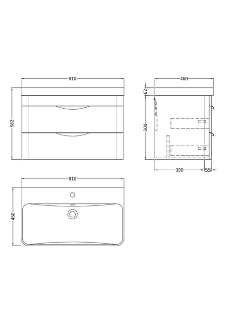 Nuie Parade 2 Drawer Wall Hung Vanity Unit With Basin – 600mm & 800mm, photo 10