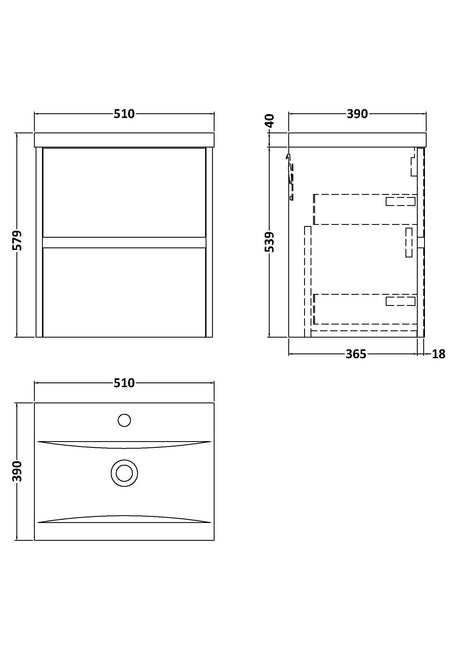 Nuie Havana 2 Drawer Wall Hung Vanity Unit With Basin – 500mm, 600mm & 800mm, photo 12