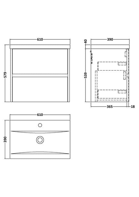 Nuie Havana 2 Drawer Wall Hung Vanity Unit With Basin – 500mm, 600mm & 800mm, photo 13
