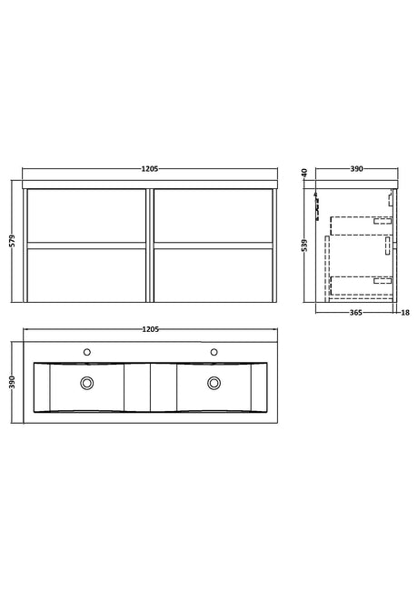 Nuie Havana 1200mm 4 Drawer Wall Hung Twin Vanity Unit With Basin, photo 10