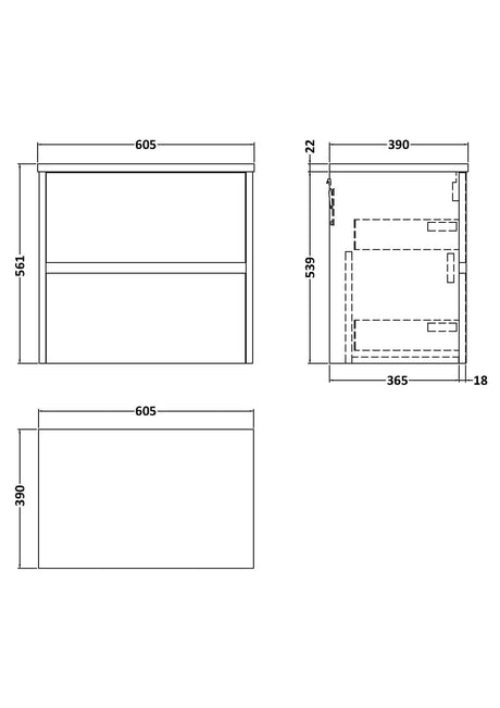 Nuie Havana 2 Drawer Wall Hung Vanity Unit With Worktop – 600mm & 800mm, photo 11