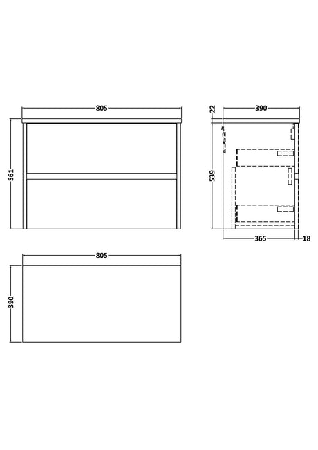 Nuie Havana 2 Drawer Wall Hung Vanity Unit With Worktop – 600mm & 800mm, photo 12