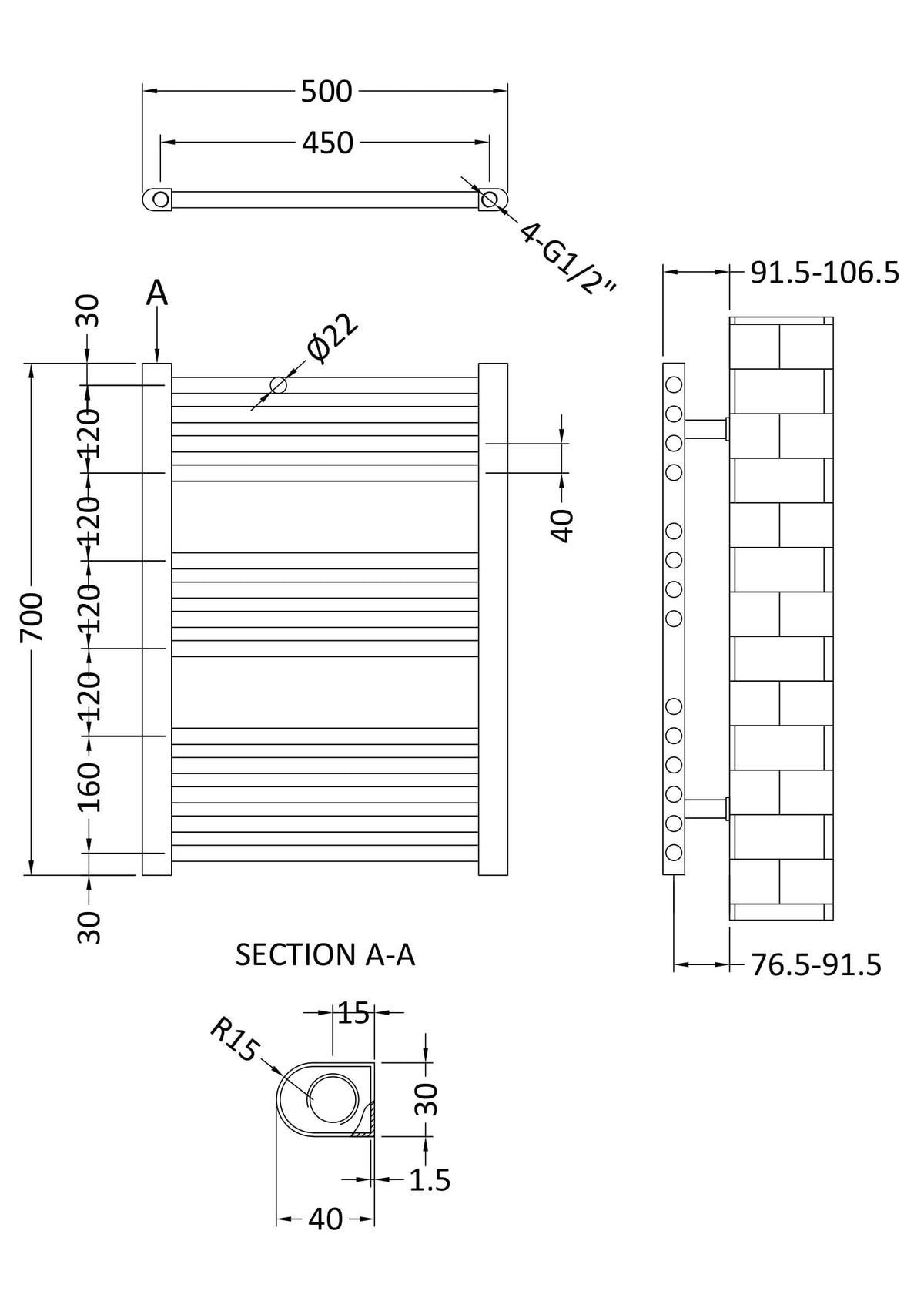 Nuie Vertical Ladder Rail – 700 x 500mm, 1100 x 500mm & 1150 x 500mm, photo 4