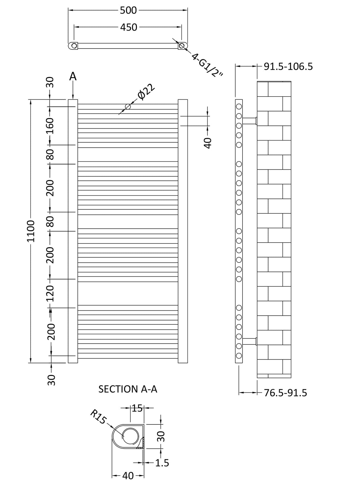 Nuie Vertical Ladder Rail – 700 x 500mm, 1100 x 500mm & 1150 x 500mm, photo 5