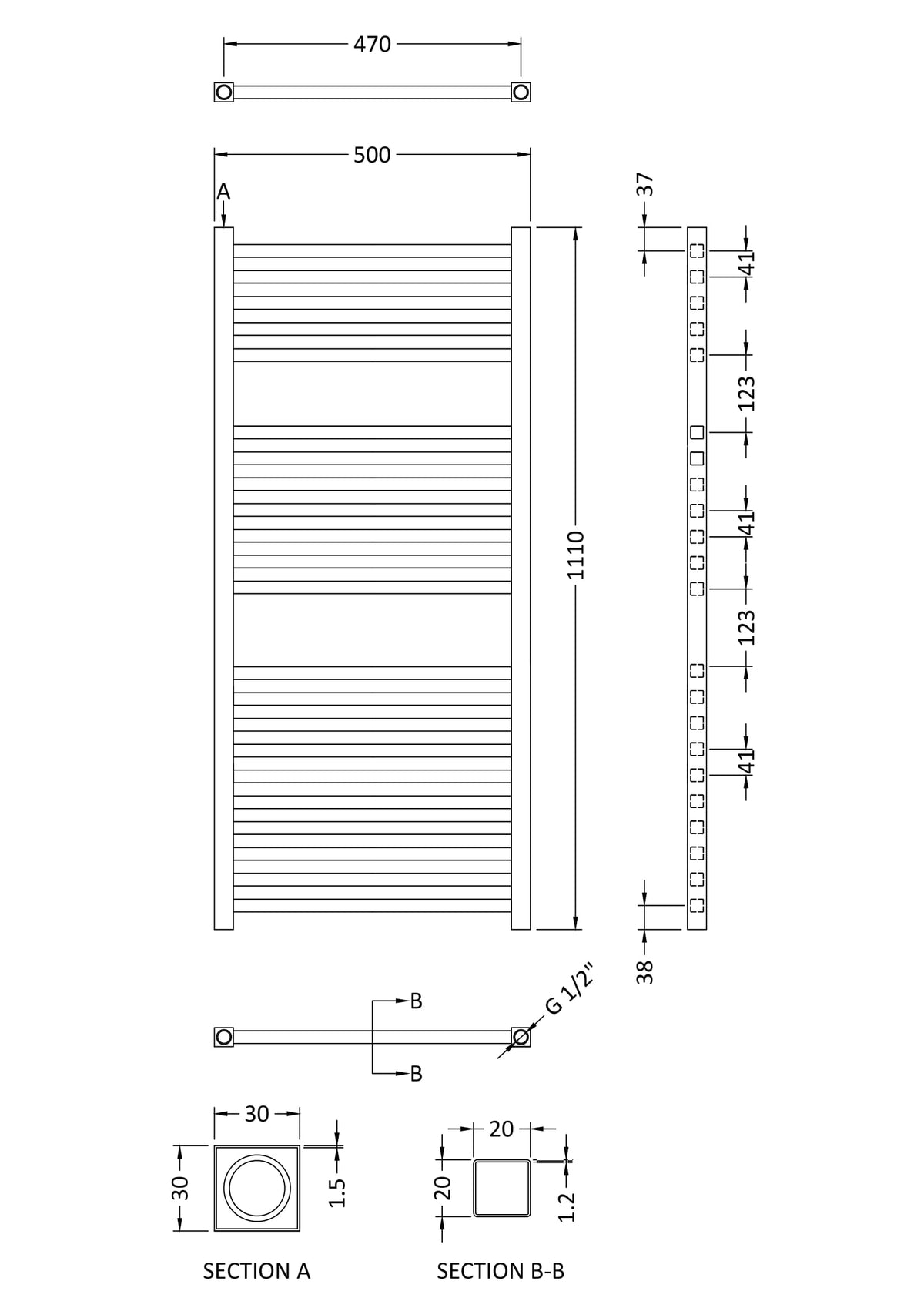 Nuie Eton 1100 x 500mm Vertical Electric Heated Towel Rail – Chrome or Anthracite, photo 4
