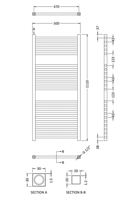 Nuie Eton 1100 x 500mm Vertical Electric Heated Towel Rail – Chrome or Anthracite, photo 4