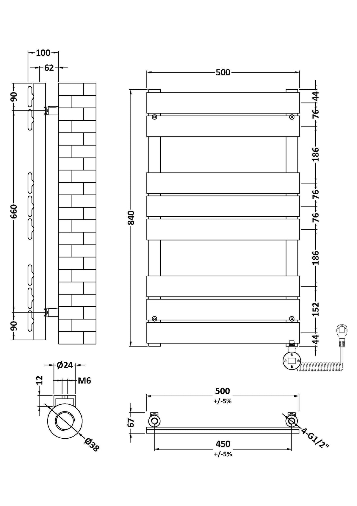 Nuie Vertical Electric Heated Towel Rail – 840 x 500mm & 1213 x 500mm, photo 6