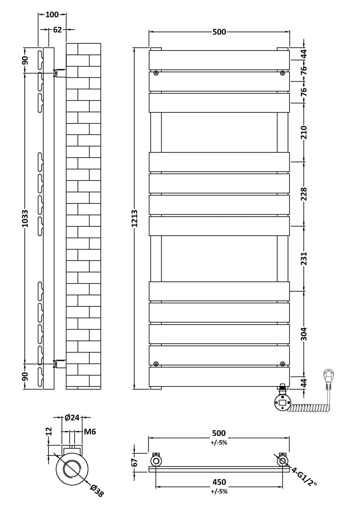 Nuie Vertical Electric Heated Towel Rail – 840 x 500mm & 1213 x 500mm, photo 7