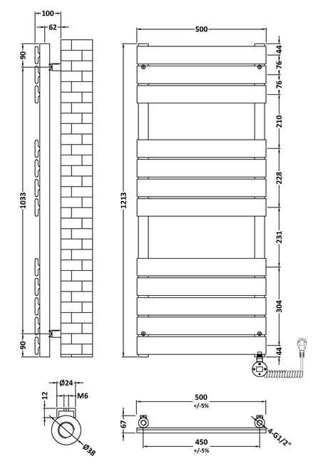 Nuie Vertical Electric Heated Towel Rail – 840 x 500mm & 1213 x 500mm, photo 7
