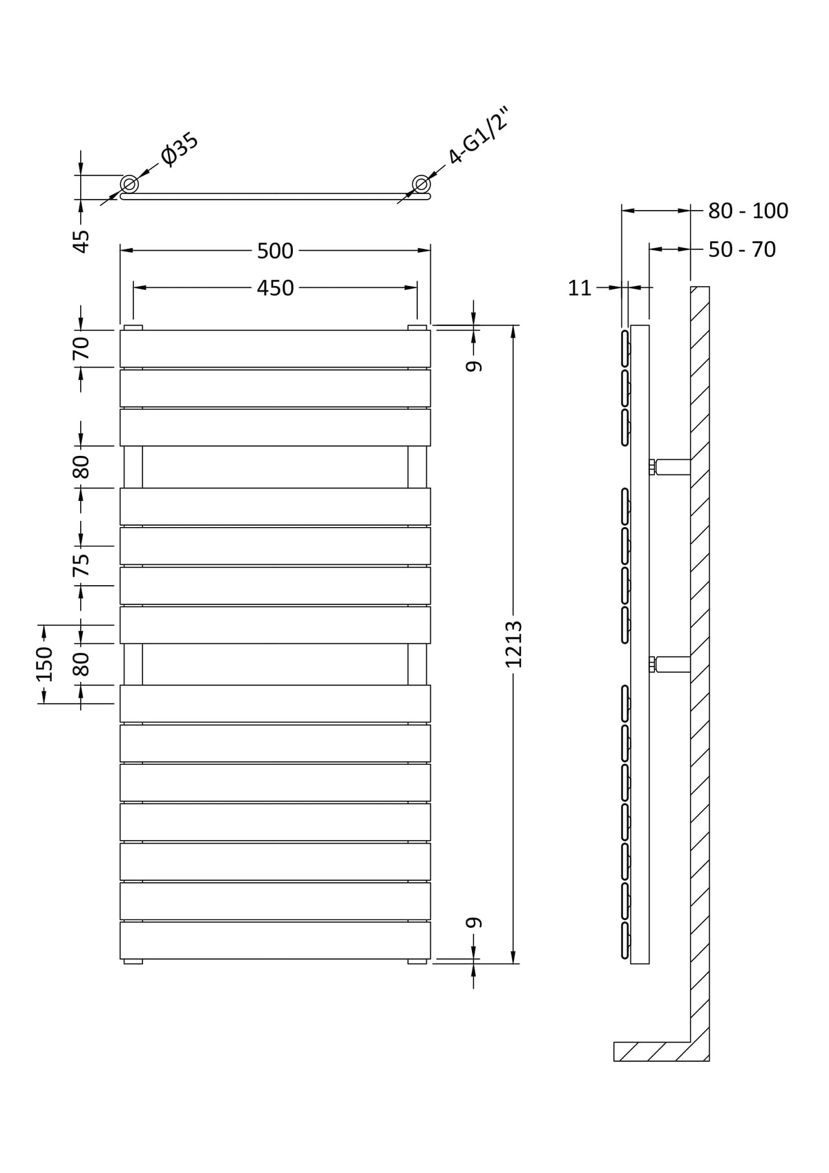 Nuie Piazza Horizontal Heated Towel Rail – 950 x 500mm, 1200 x 500mm & 1213 x 500mm, photo 7
