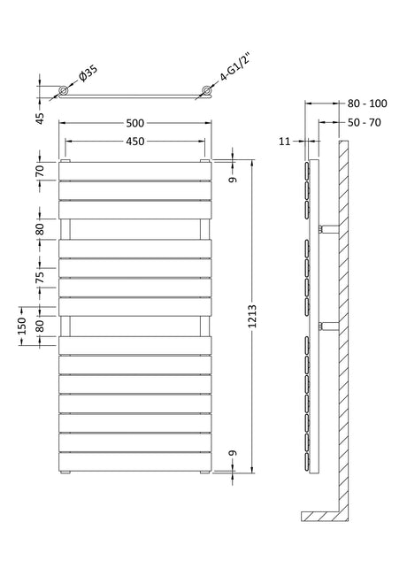 Nuie Piazza Horizontal Heated Towel Rail – 950 x 500mm, 1200 x 500mm & 1213 x 500mm, photo 7