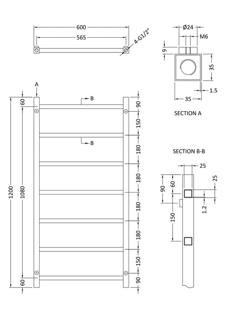 Nuie Eton Horizontal Heated Towel Rail – 1200 x 450mm & 1200 x 600mm, photo 4